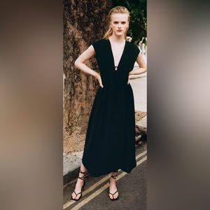 ZARA Black Long Dress W Front Ties & Ruching